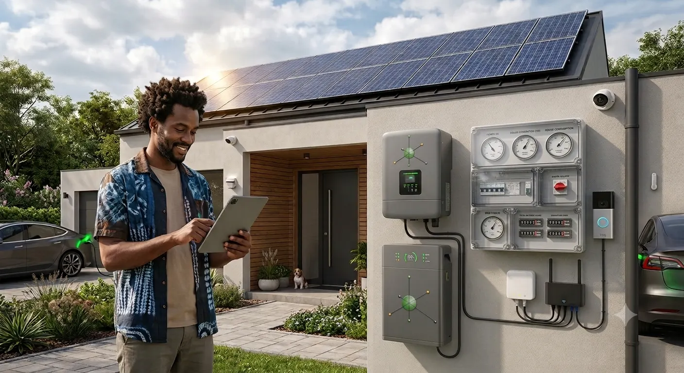 Modern smart home with rooftop solar panels at dusk