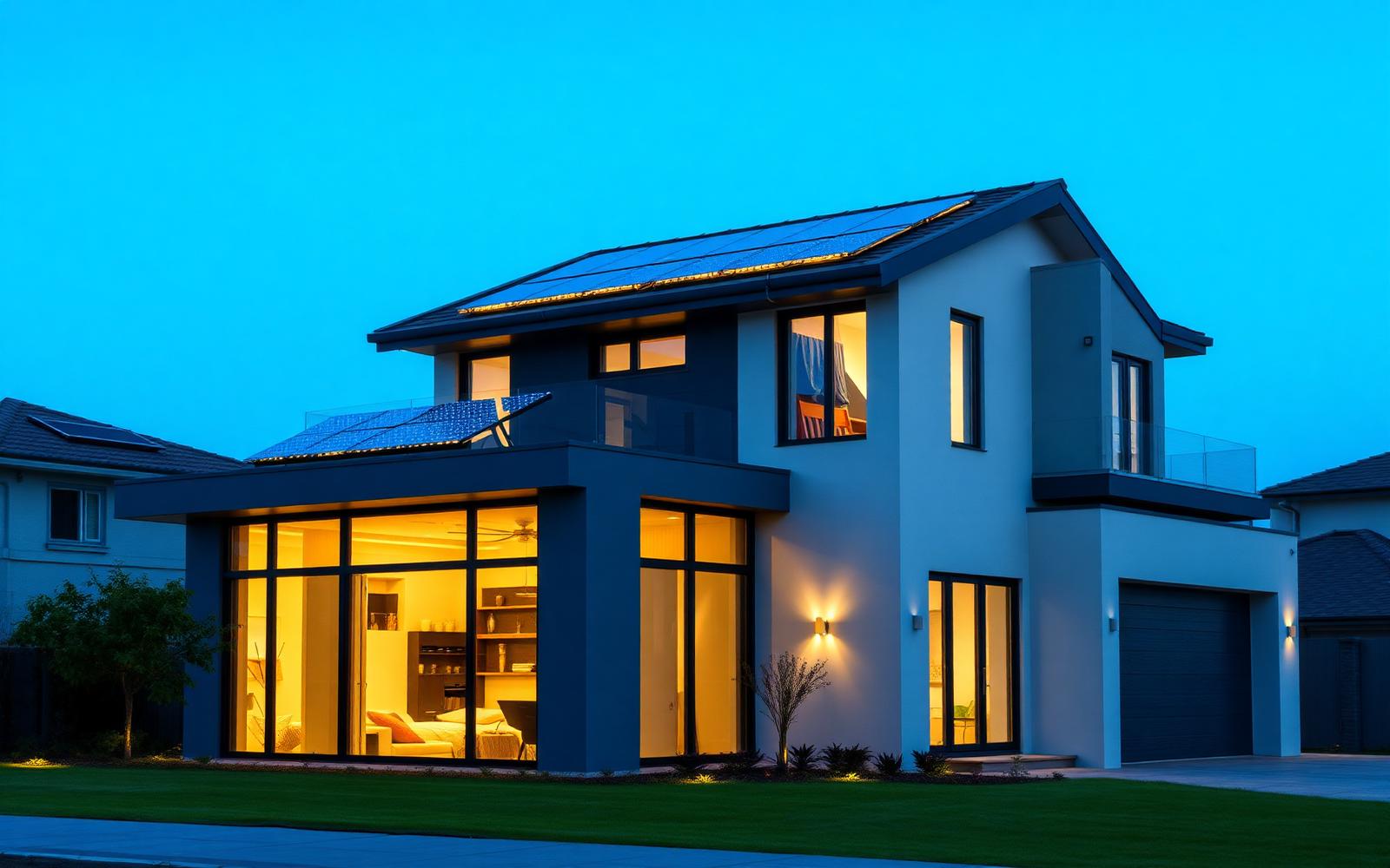 Modern smart home with rooftop solar panels at dusk